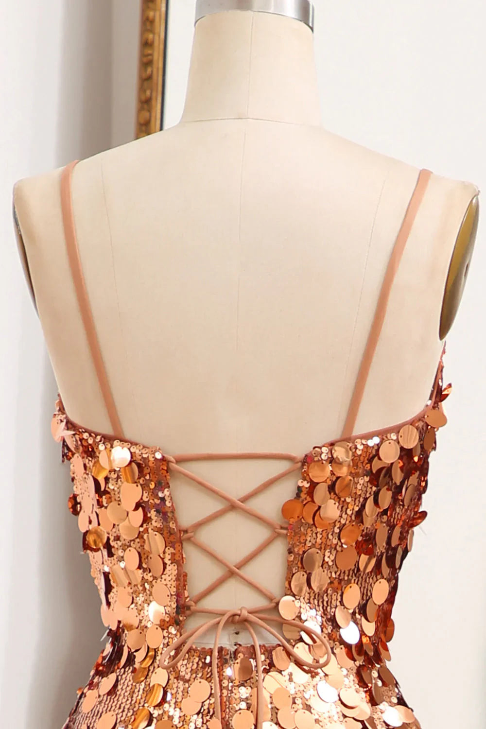 Mermaid Spaghetti Straps Sparkly Sequin  Golden  Prom Dress With Slit