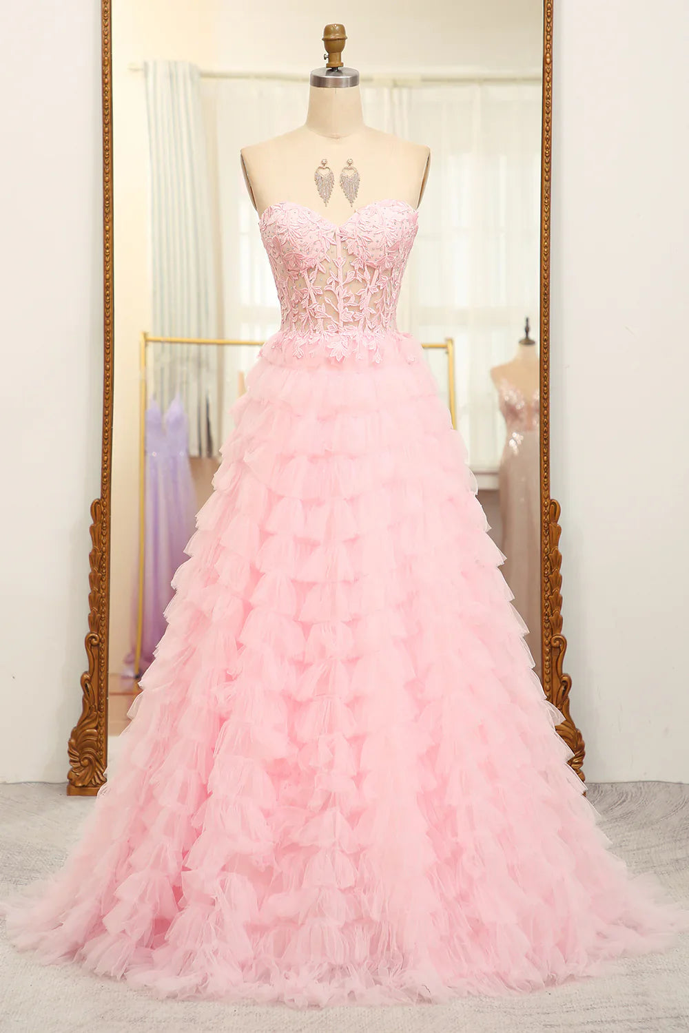 A-Line Pink  Strapless Tiered Long Corset Prom Dress