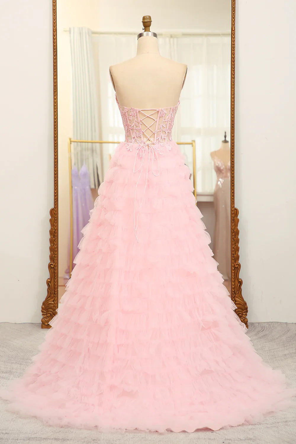 A-Line Pink  Strapless Tiered Long Corset Prom Dress