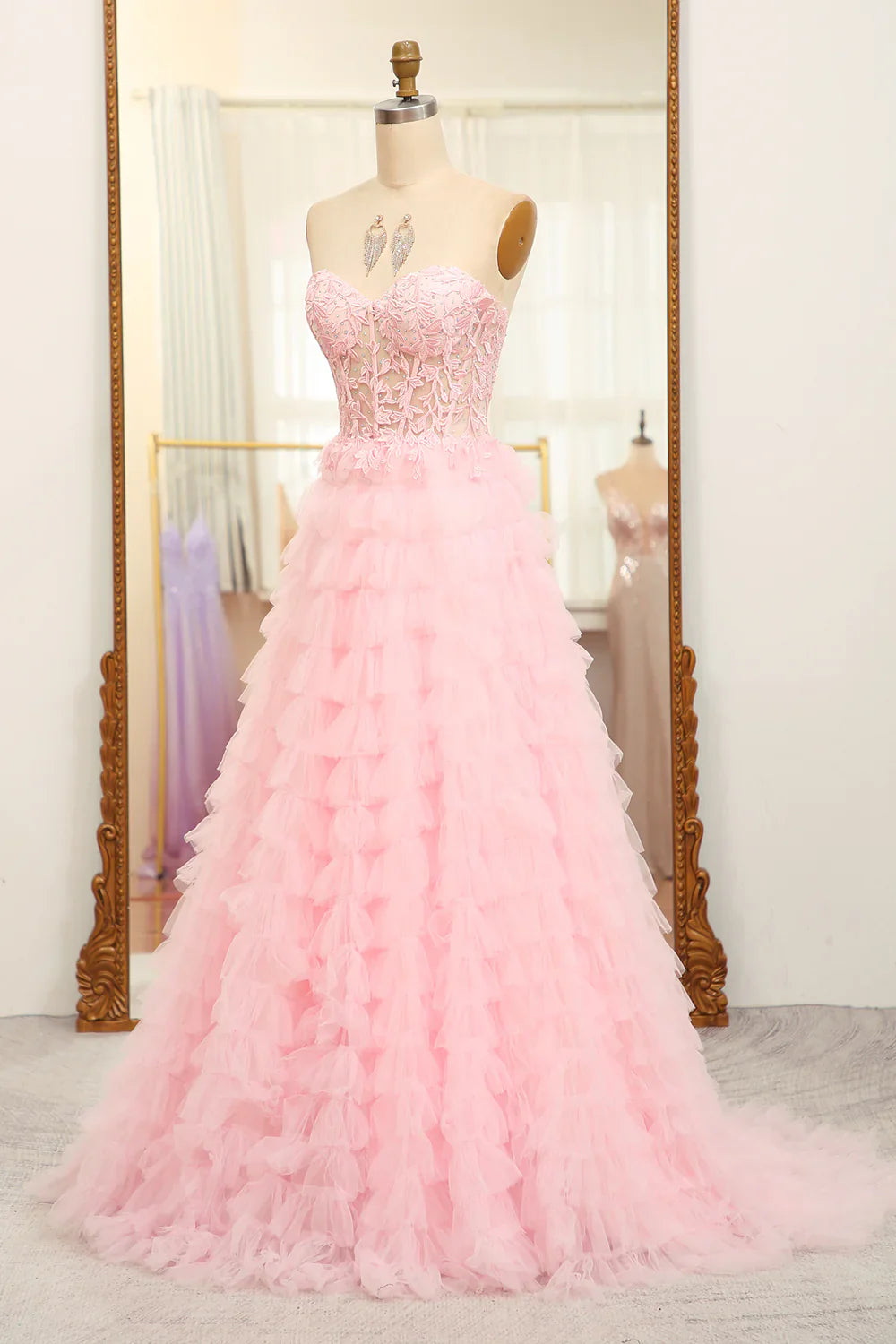 A-Line Pink  Strapless Tiered Long Corset Prom Dress