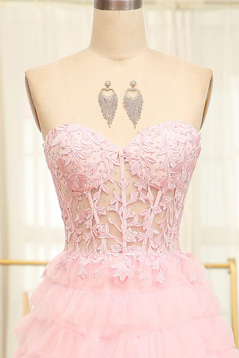 A-Line Pink  Strapless Tiered Long Corset Prom Dress