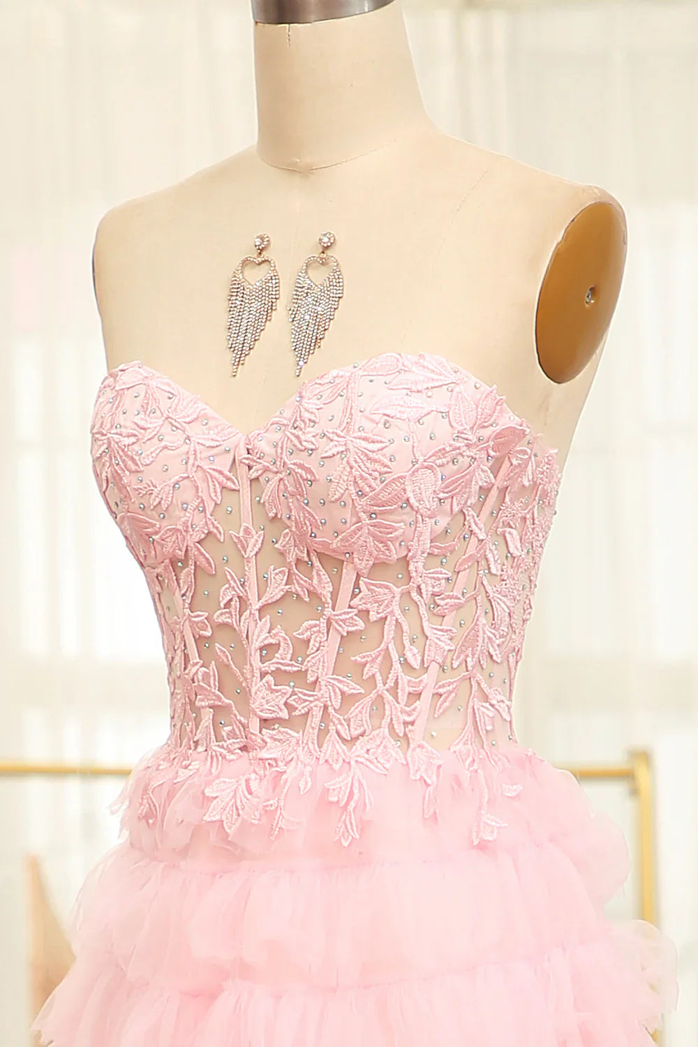 A-Line Pink  Strapless Tiered Long Corset Prom Dress