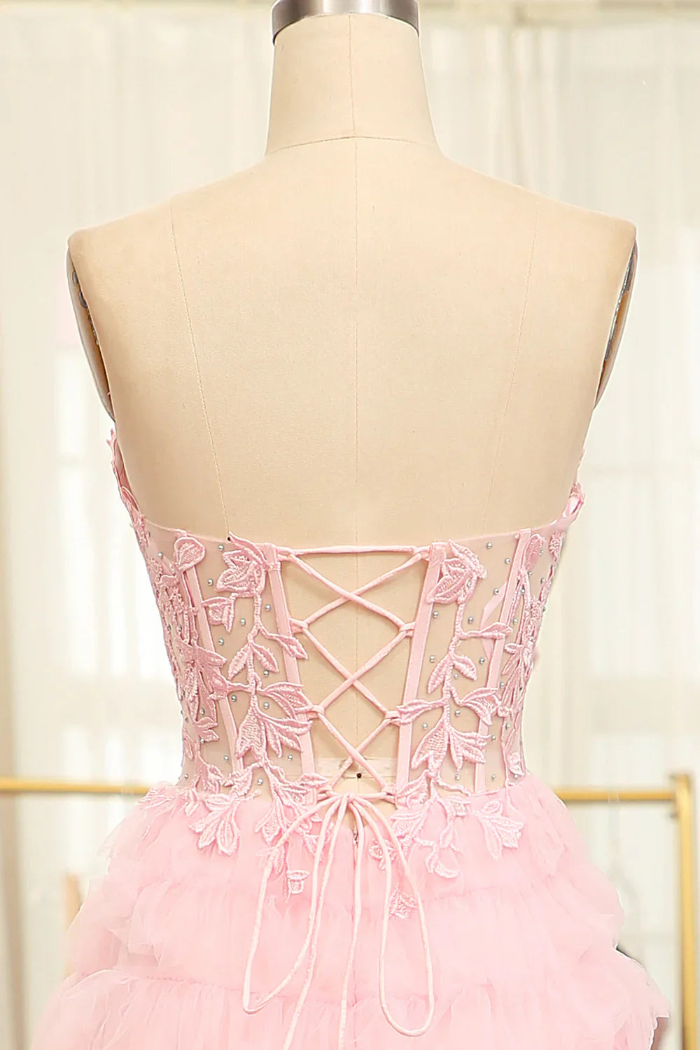 A-Line Pink  Strapless Tiered Long Corset Prom Dress