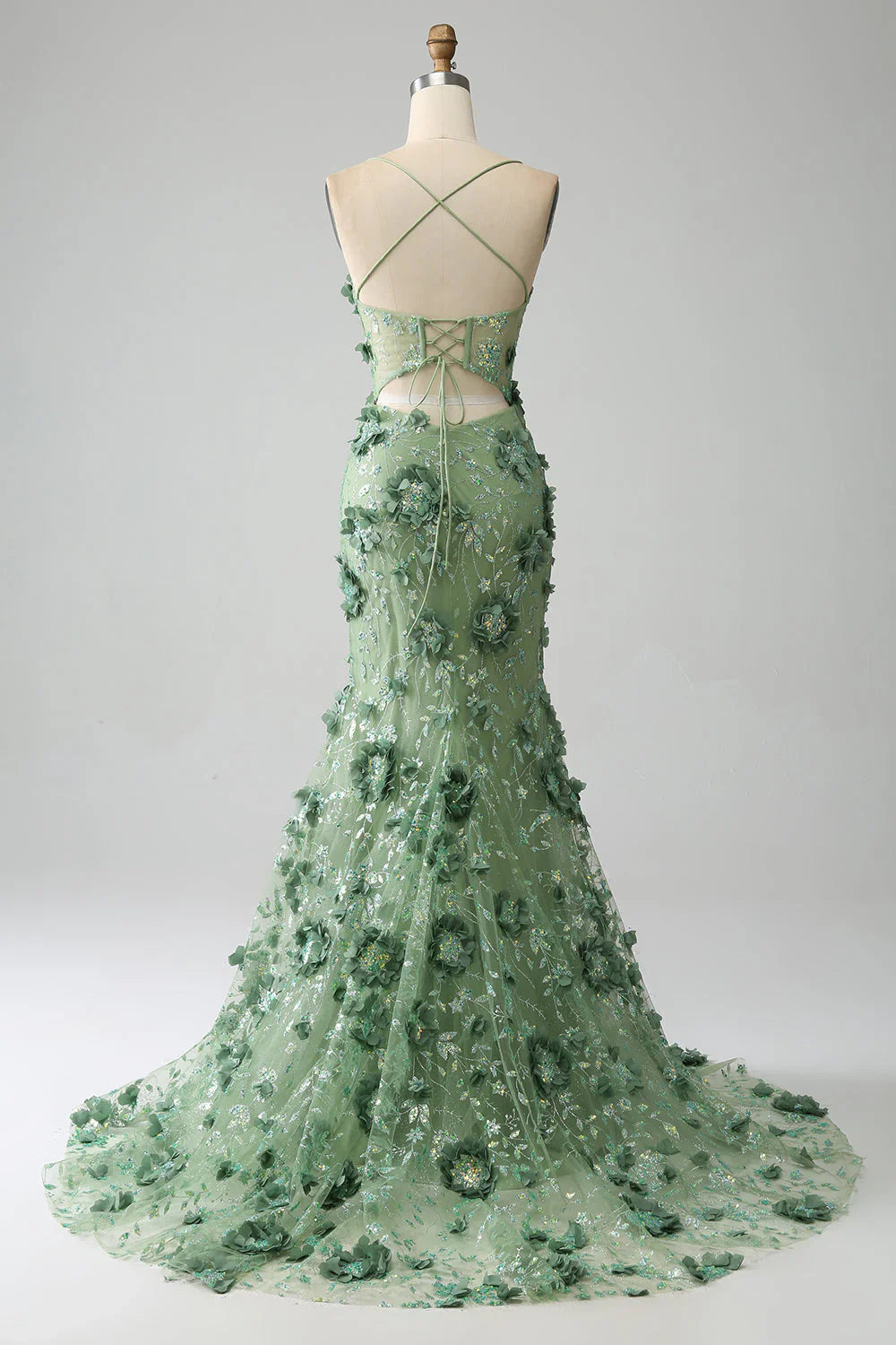 Green Mermaid Spaghetti Straps Corset Prom Dress With Appliques