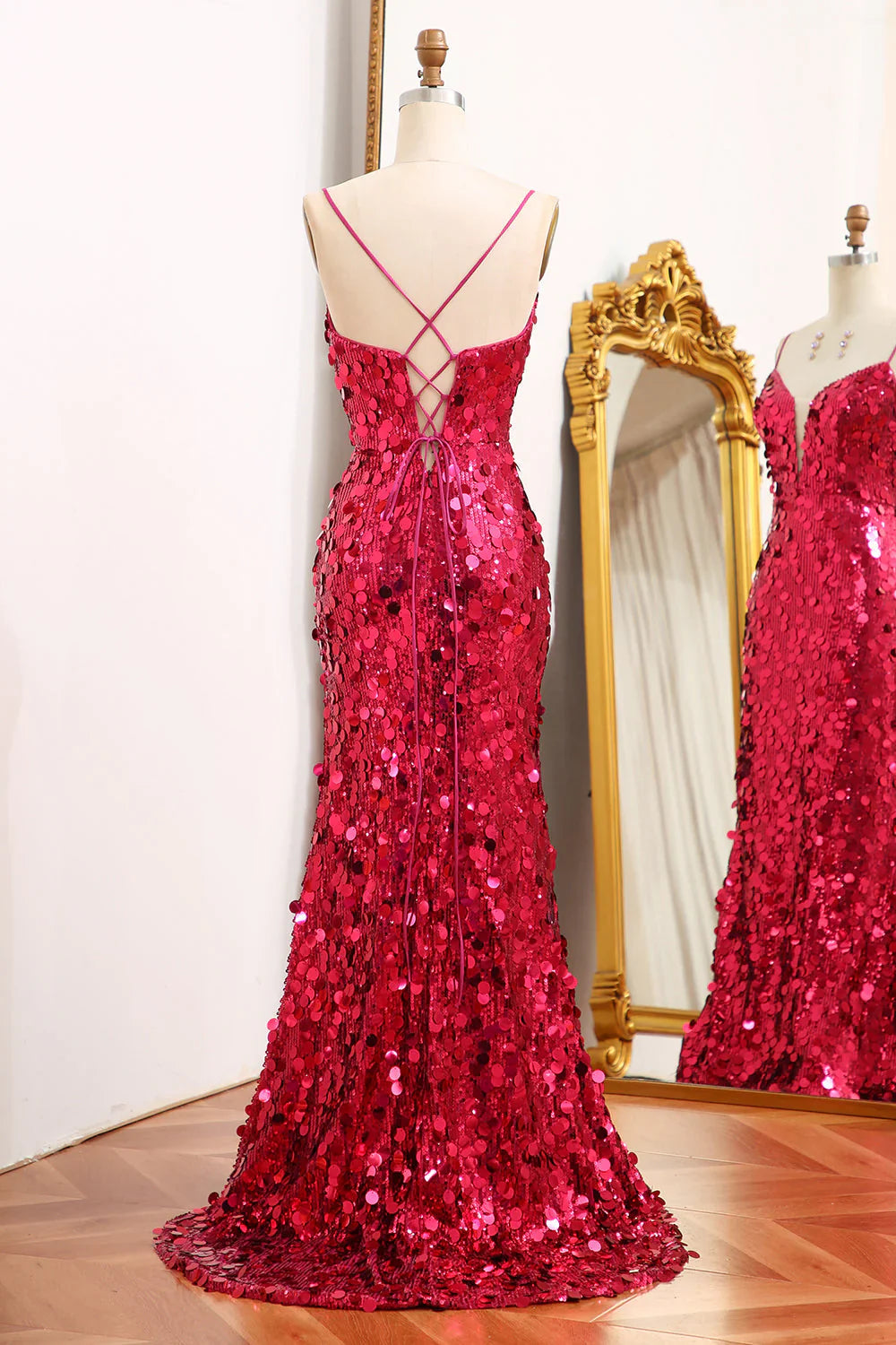 Mermaid Sparkly Sequins Fuchsia  Long Prom Dress With Slit