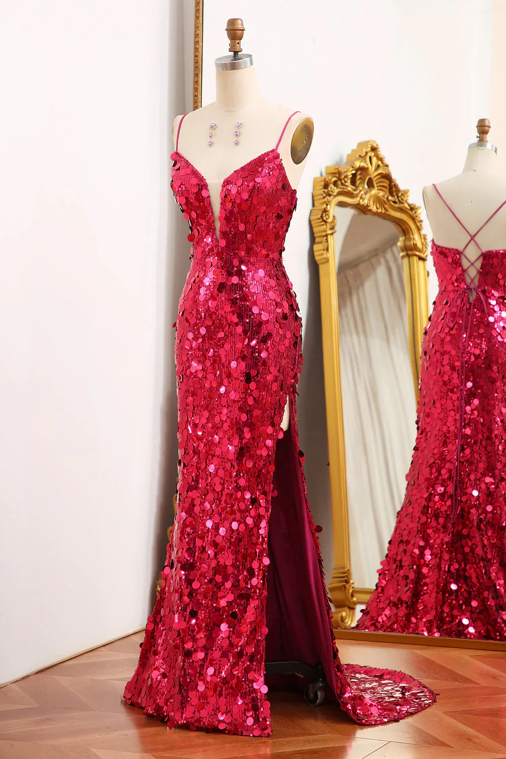 Mermaid Sparkly Sequins Fuchsia  Long Prom Dress With Slit