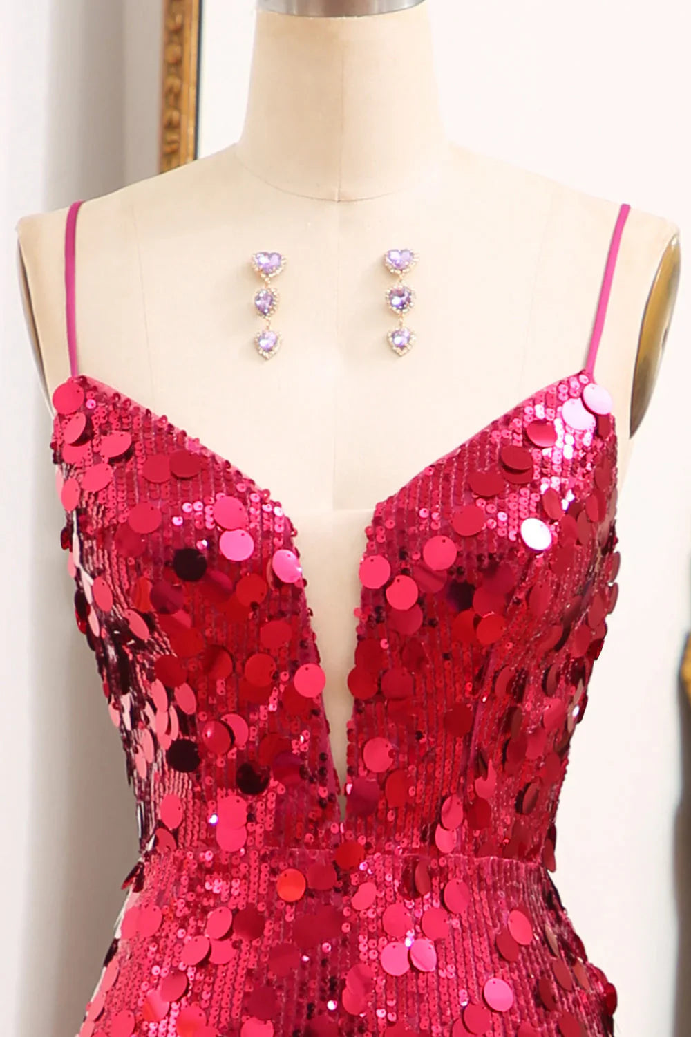 Mermaid Sparkly Sequins Fuchsia  Long Prom Dress With Slit