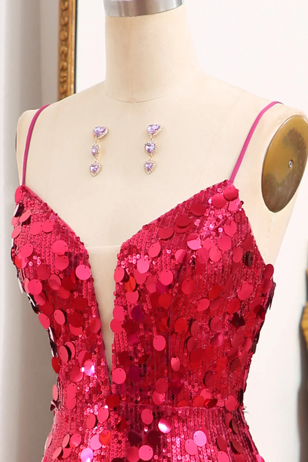 Mermaid Sparkly Sequins Fuchsia  Long Prom Dress With Slit
