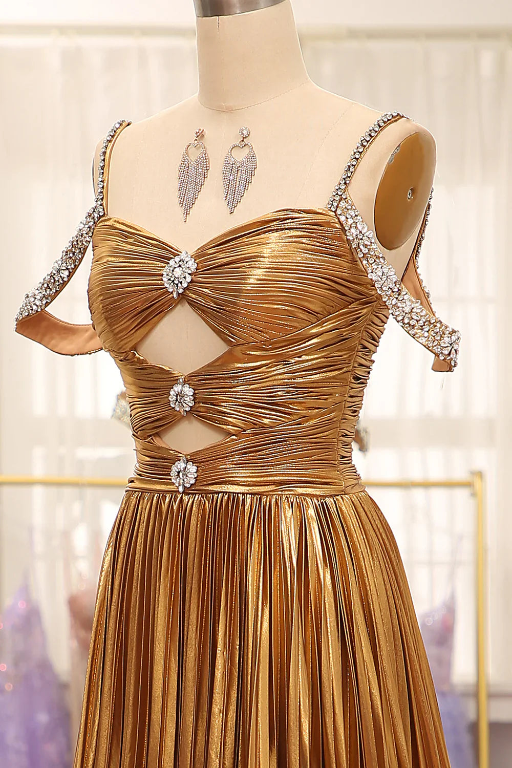 Golden Stunning A Line Off The Shoulder Long Prom Dress With Keyhole