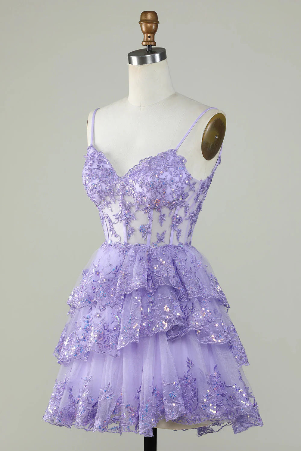 Sparkly Spaghetti Straps Sequins Tiered Homecoming Dress