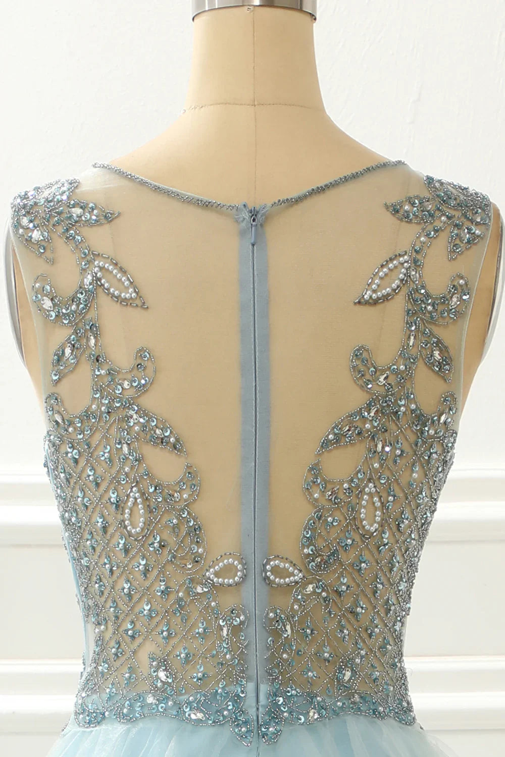 A Line Beading Light Blue Prom Dress With Appliques