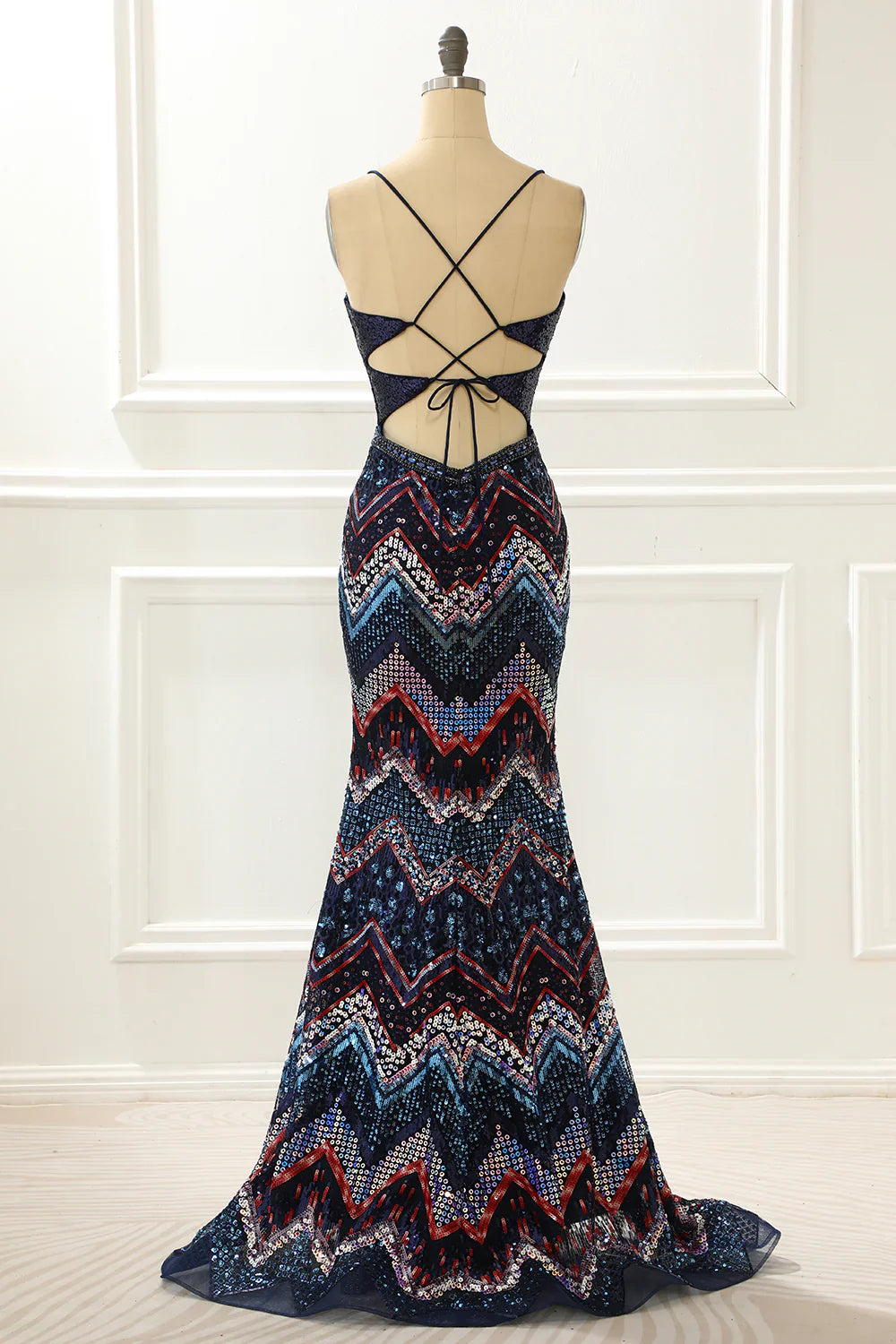 Spaghetti Straps Mermaid Navy Prom Dress With Criss Cross Back