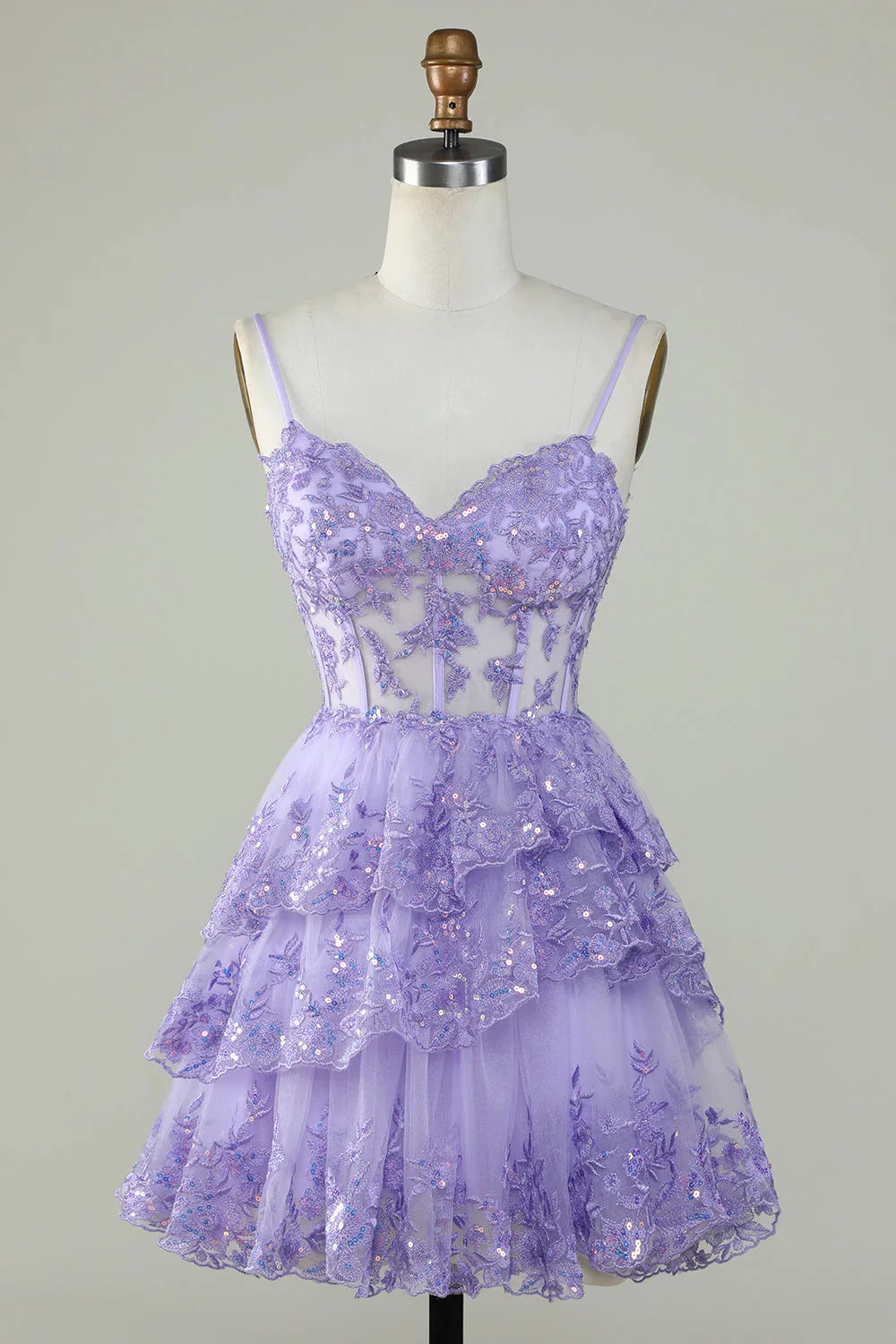 Sparkly Spaghetti Straps Sequins Tiered Homecoming Dress