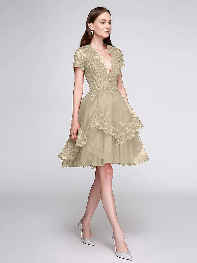 Cocktail Party Prom Dress Plunging Neck Short Sleeve Knee Length Organza Lace Over Tulle with Buttons Appliques