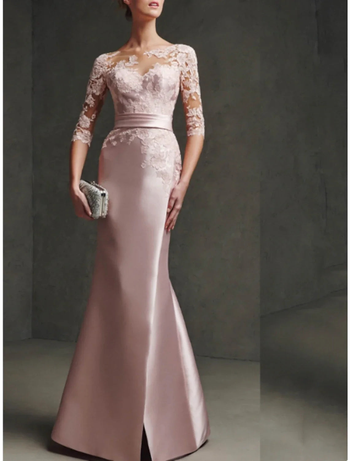 Mermaid / Trumpet Mother of the Bride Dress Formal Elegant Party Scoop Neck Floor Length Satin Lace 3/4 Length Sleeve