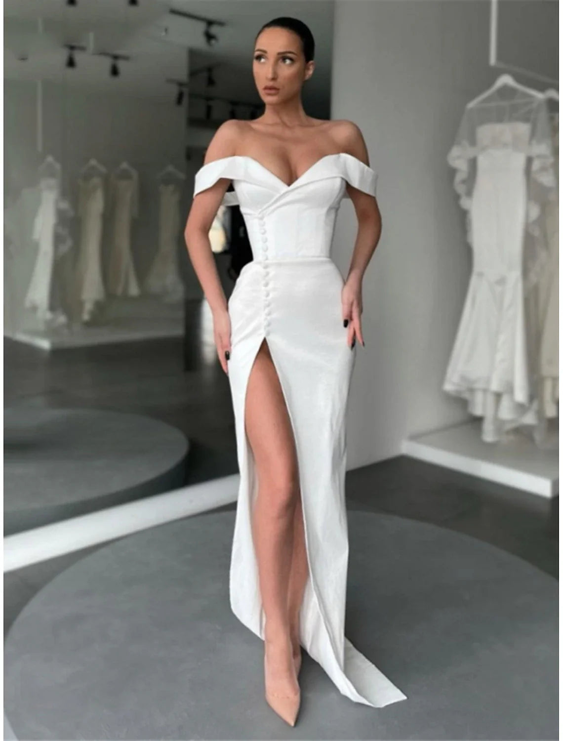A-Line Evening Gown Elegant Dress Formal Court Train Long Sleeve Off Shoulder Satin