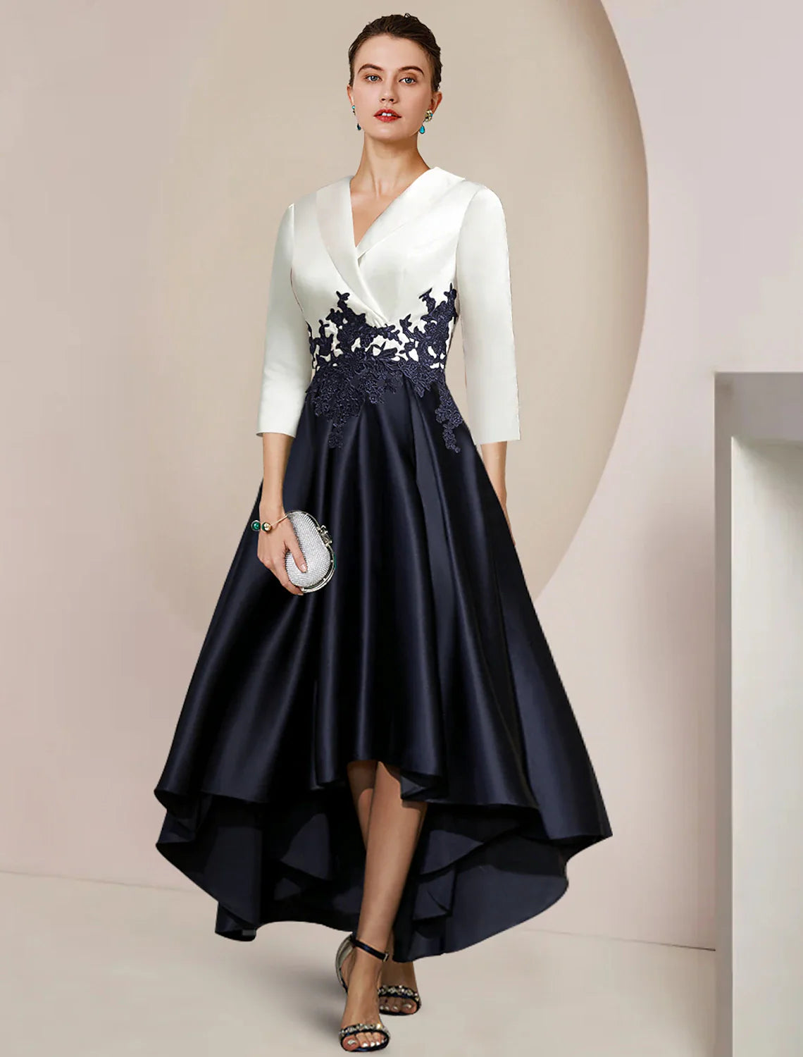 A-Line Mother of the Bride Dress Formal Wedding Guest Elegant High Low Shirt Collar Asymmetrical Tea Length Satin Lace 3/4 Length Sleeve