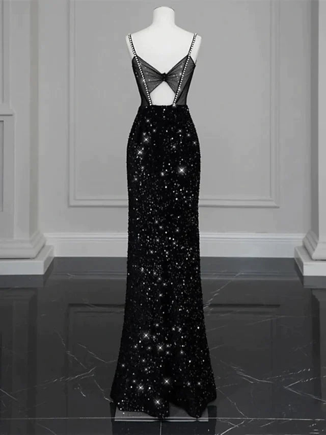 Mermaid / Trumpet Evening Gown Sexy Dress Formal Floor Length Sleeveless Spaghetti Strap Sequined with Bow(s) Crystals Sequin