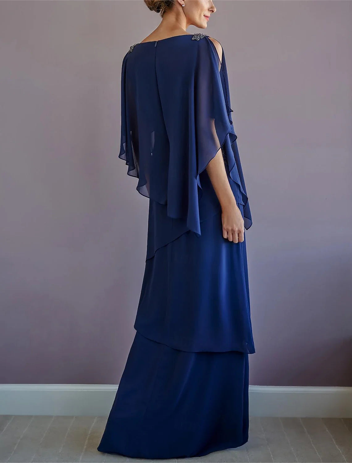 A-Line Mother of the Bride Dress Formal Wedding Guest Elegant Bateau Neck Floor Length Chiffon Half Sleeve