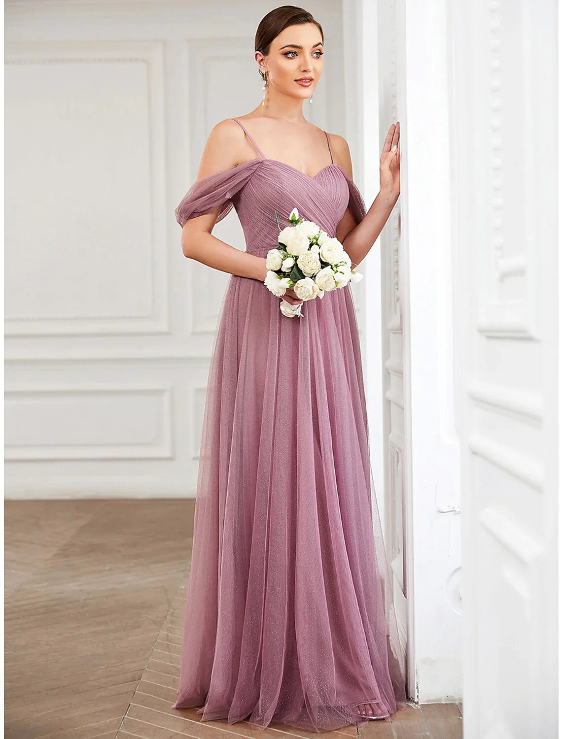 A-Line Prom Dresses Elegant Dress Wedding Guest Floor Length Sleeveless V Neck Tulle with Pleats