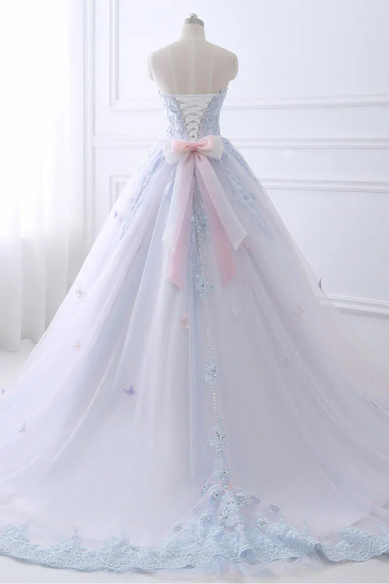 Light blue lace tulle long prom Wedding Dresses