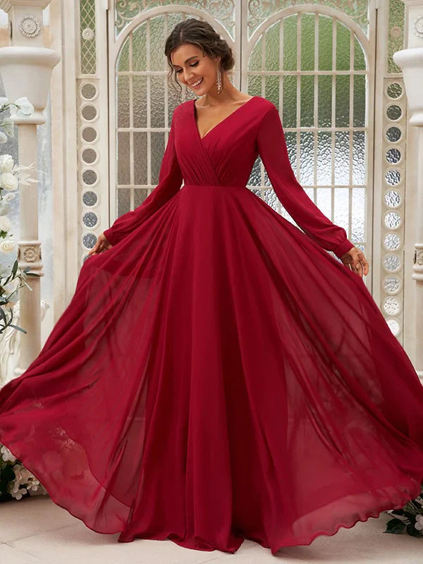 A-Line Princess Chiffon Ruched V-neck Long Sleeves Floor-Length Bridesmaid Dresses