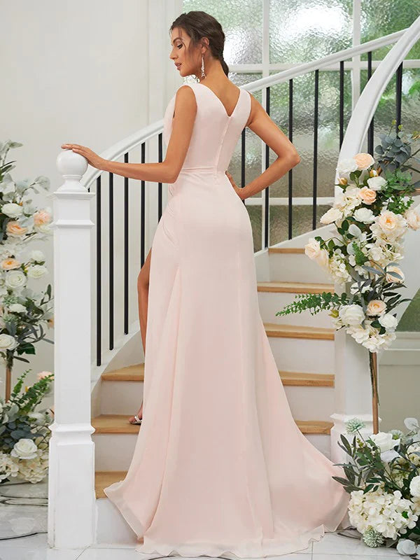 A-Line Princess Chiffon Ruched V-neck Sleeveless Bridesmaid Dresses