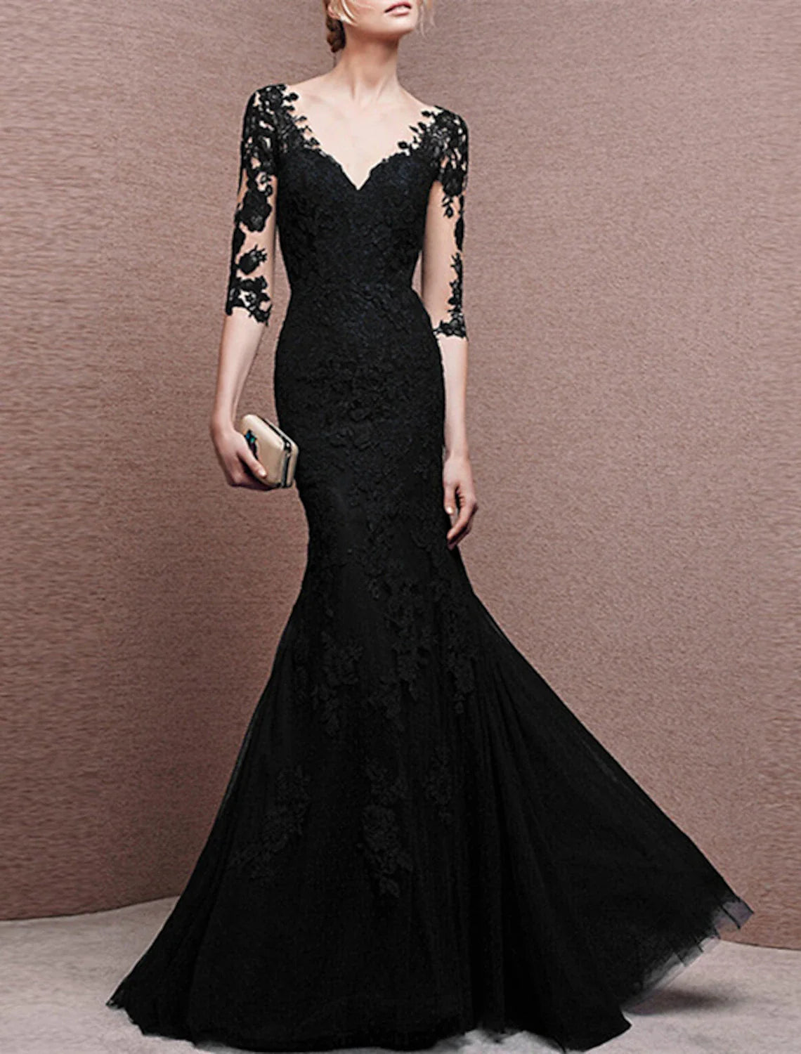 Mermaid / Trumpet Prom Gown Elegant Dress Formal Wedding Guest Floor Length Half Sleeve V Neck Tulle