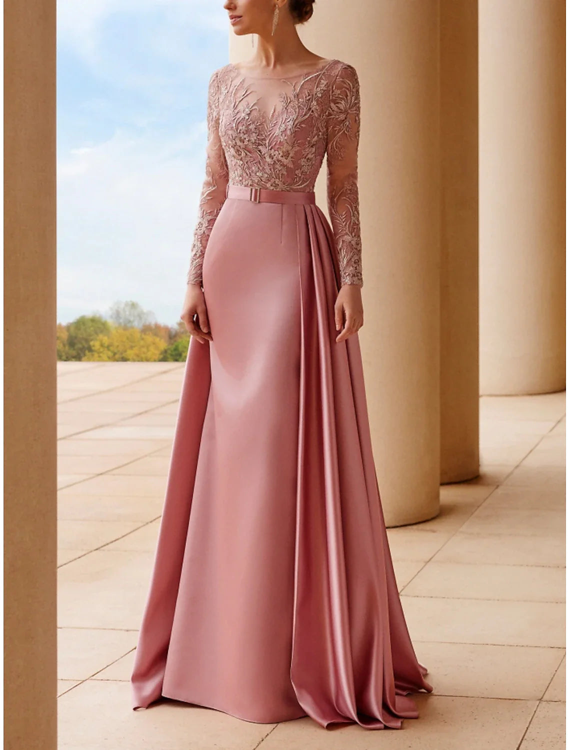 A-Line Mother of the Bride Dress Wedding Guest Elegant Scoop Neck Sweep / Brush Train Stretch Satin Long Sleeve