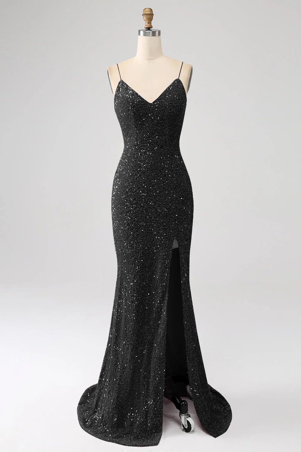 Sequins Mermaid Spaghetti Straps V-Neck Long Prom Dress