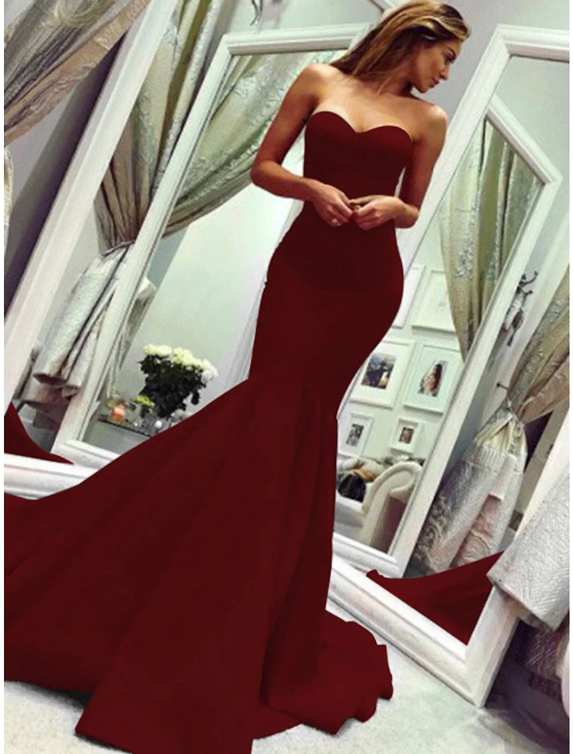 Mermaid Party Dress Minimalist Sexy Wedding Guest Formal Evening Valentine¡®s Day Dress Strapless Sleeveless Court Train with Pleats