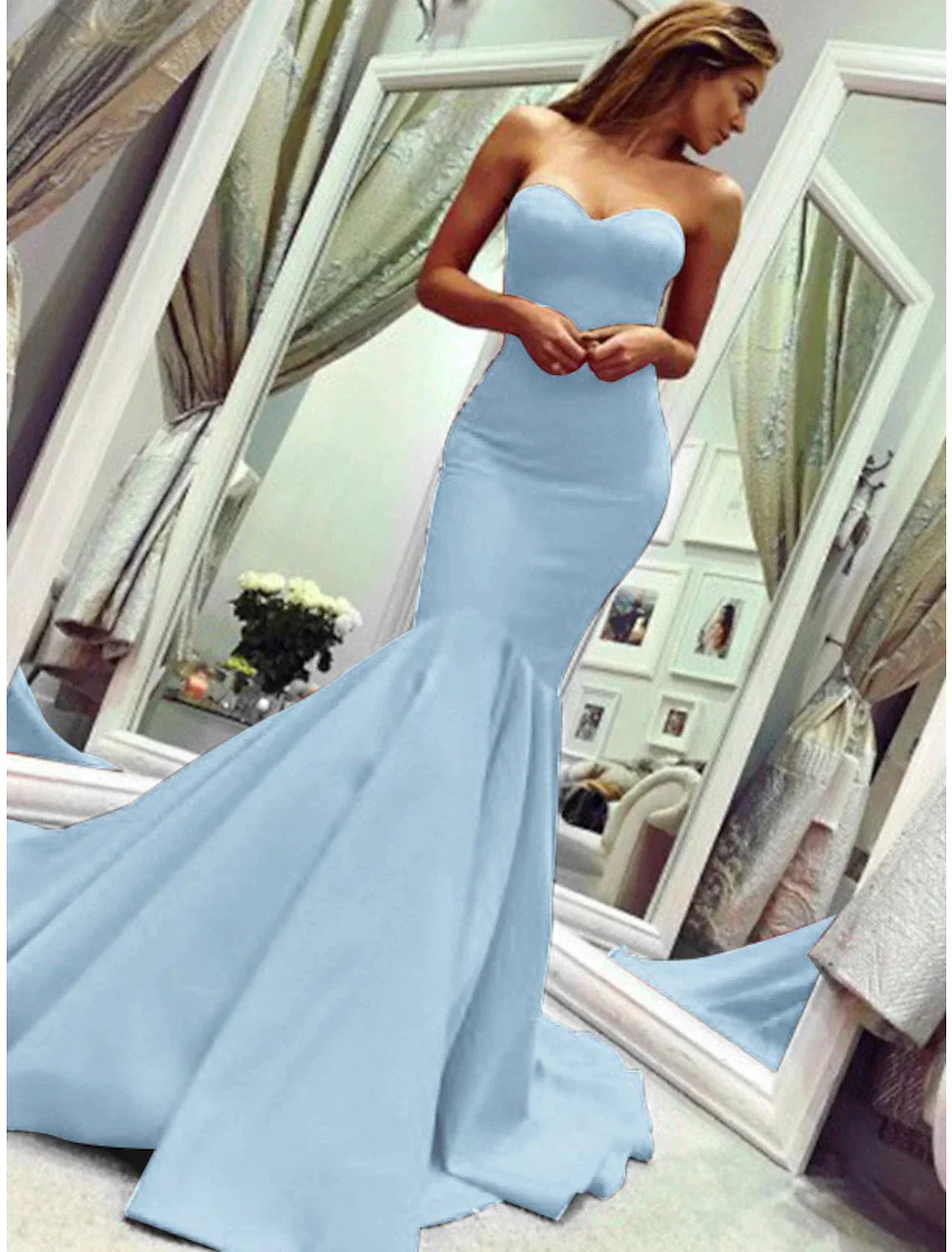 Mermaid Party Dress Minimalist Sexy Wedding Guest Formal Evening Valentine¡®s Day Dress Strapless Sleeveless Court Train with Pleats