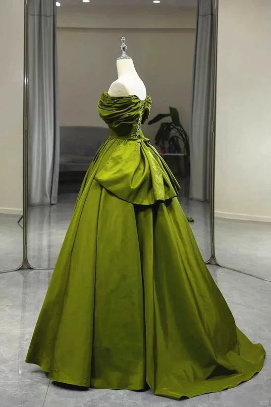 Green A-line Off Shoulder Satin Long Prom Dress