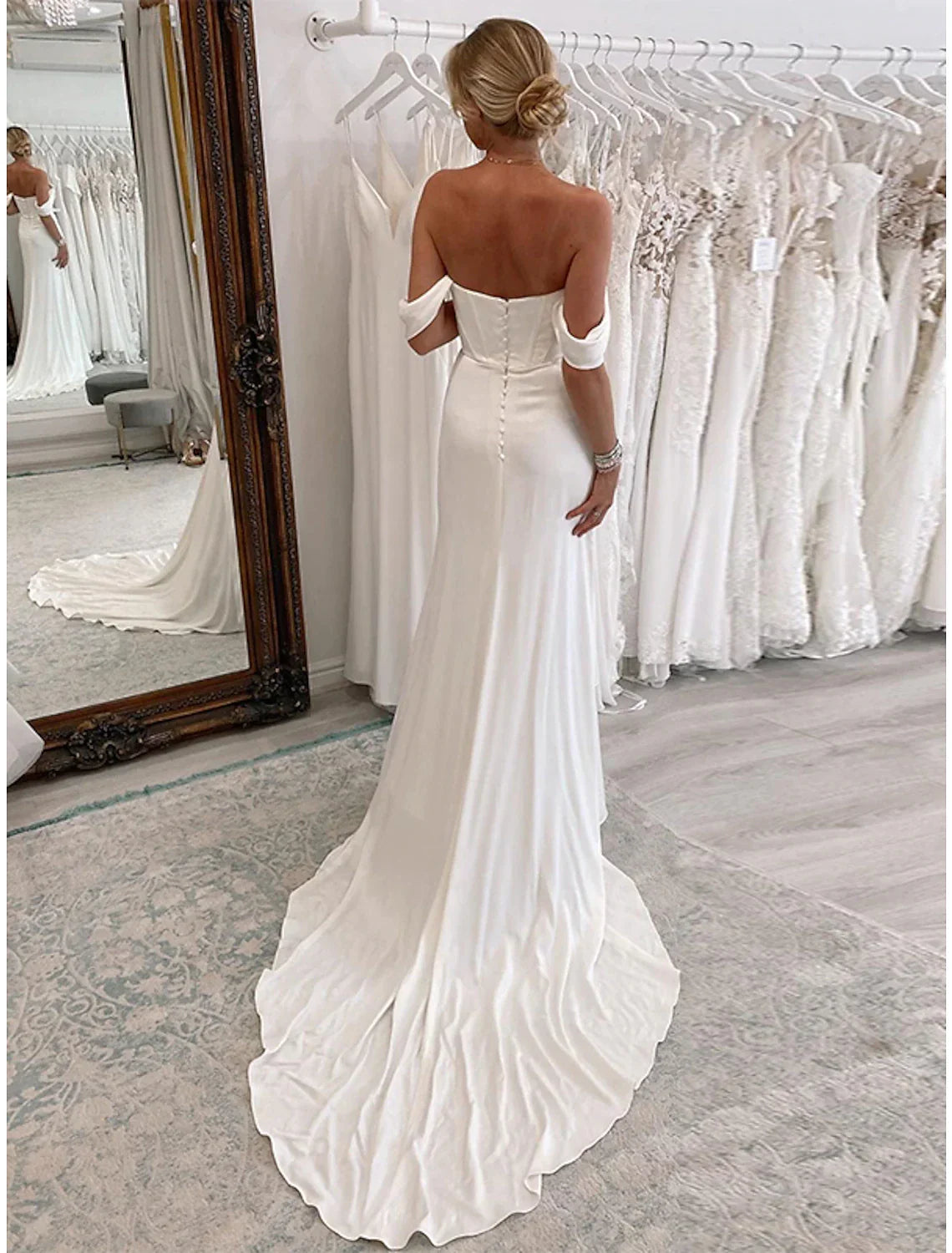 Reception Formal Wedding Dresses Sheath / Column Off Shoulder Sleeveless Court Train&nbsp; Bridal Suits Bridal Gowns With Pleats Ruched