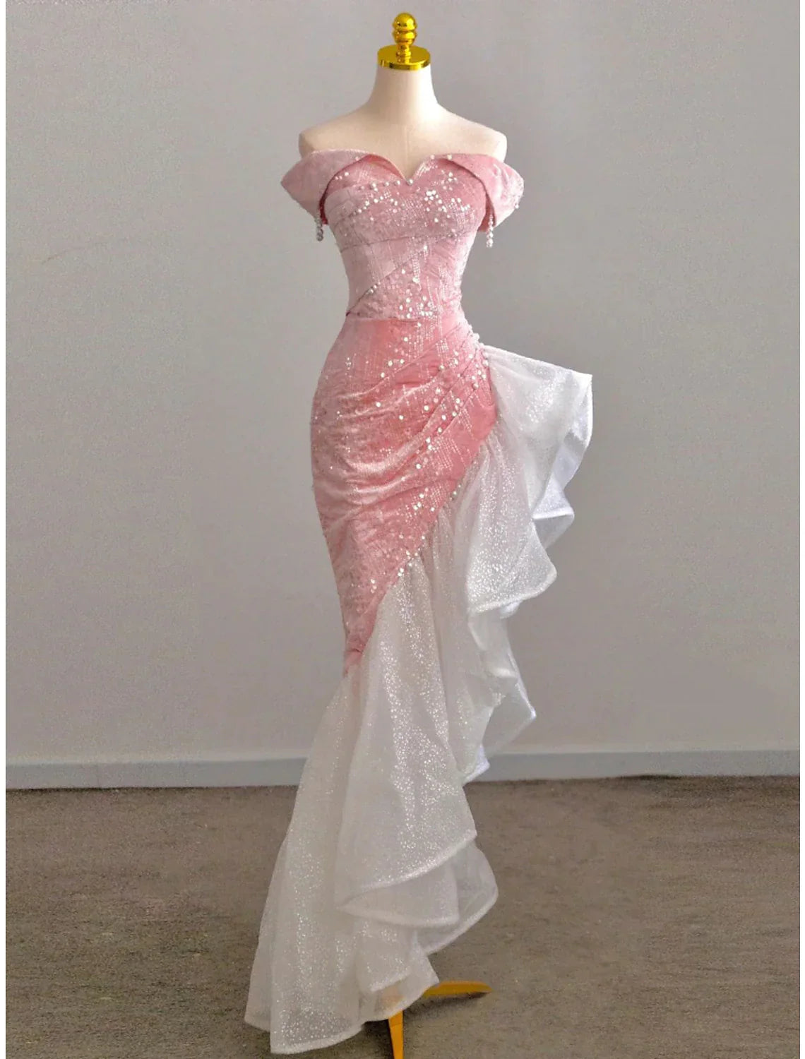 Mermaid / Trumpet Prom Dresses Party Dress Evening Party Floor Length Sleeveless Off Shoulder Tulle with Pearls Sequin