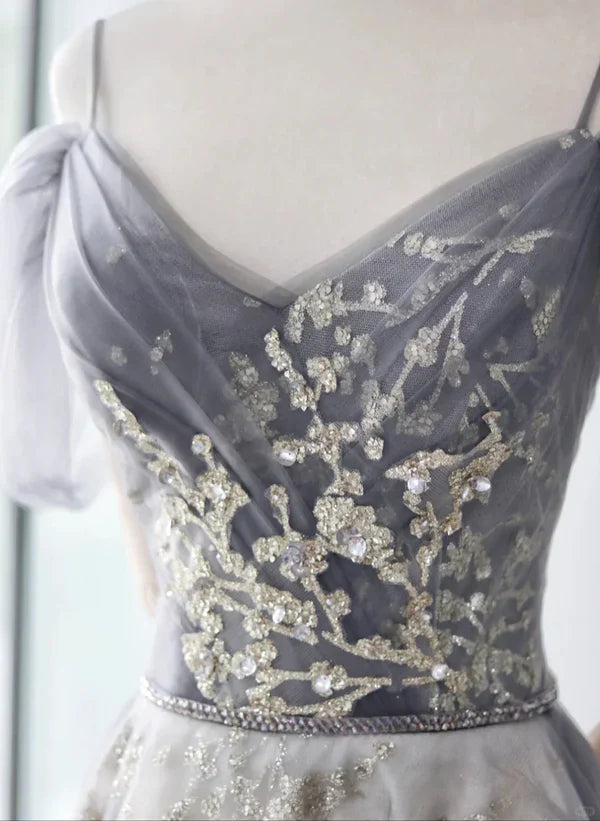 Light Grey Tulle A-line Straps Long Party Prom Dress