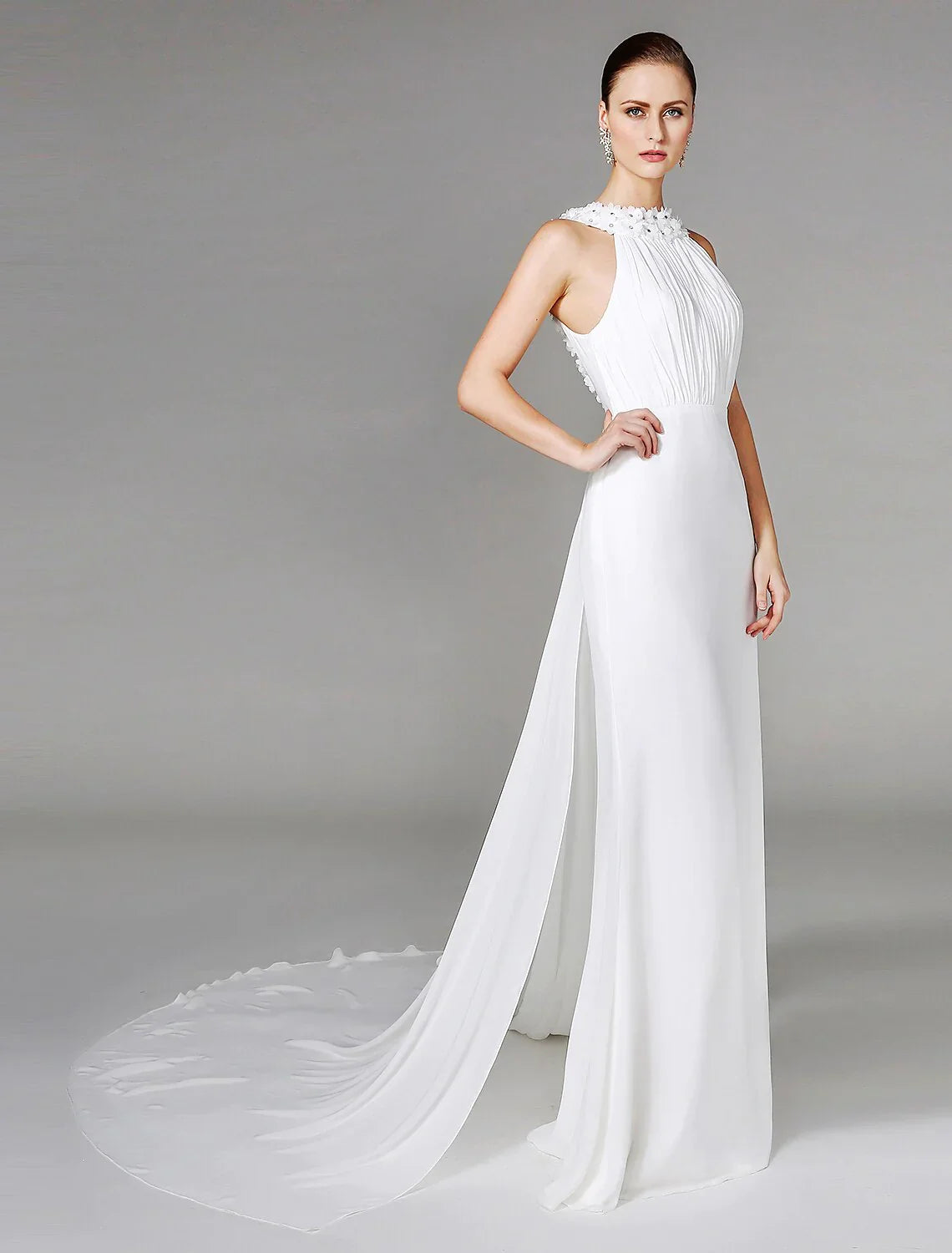 Wedding Dresses Sheath / Column High Neck Sleeveless Chapel Train Chiffon Bridal Gowns With Beading Draping