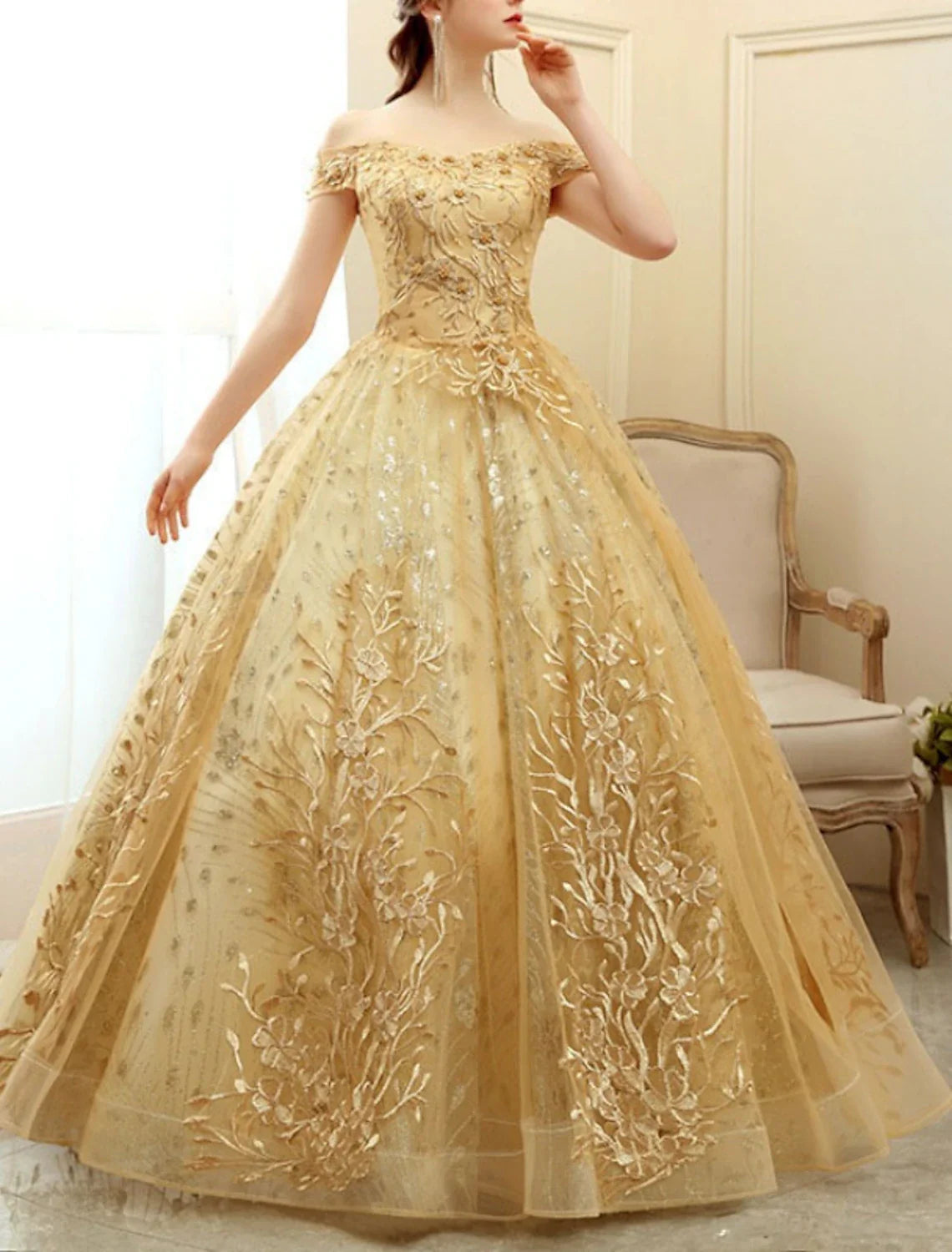 A-Line Prom Dresses Elegant Dress Formal Floor Length Short Sleeve Off Shoulder Tulle
