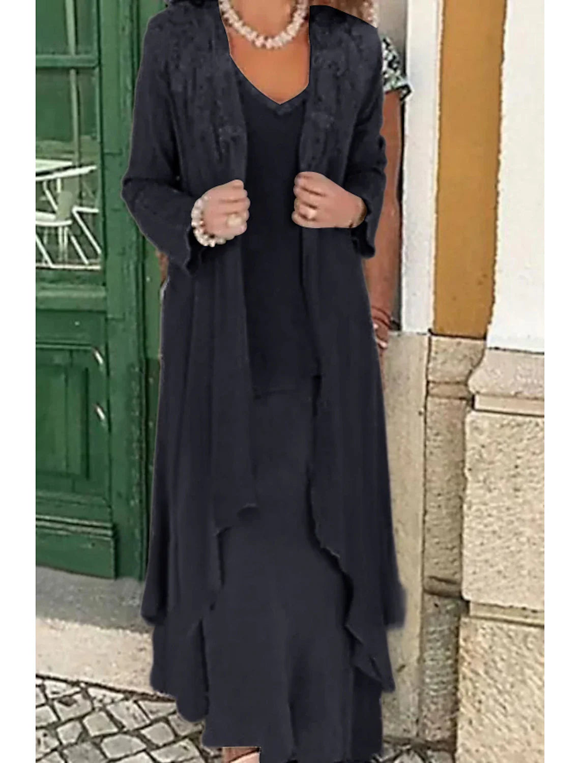 Two Piece A-Line Mother of the Bride Dress Formal Wedding Guest Elegant Plus Size Casual V Neck Floor Length Lace Linen Cotton Blend Sleeveless Jacket Dresses