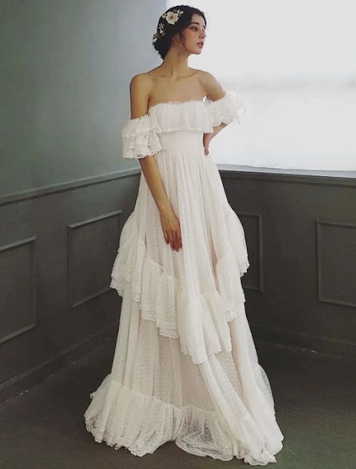 Beach Wedding Dresses Sweep / Brush Train A-Line Cap Sleeve Off Shoulder Tulle With Ruffles