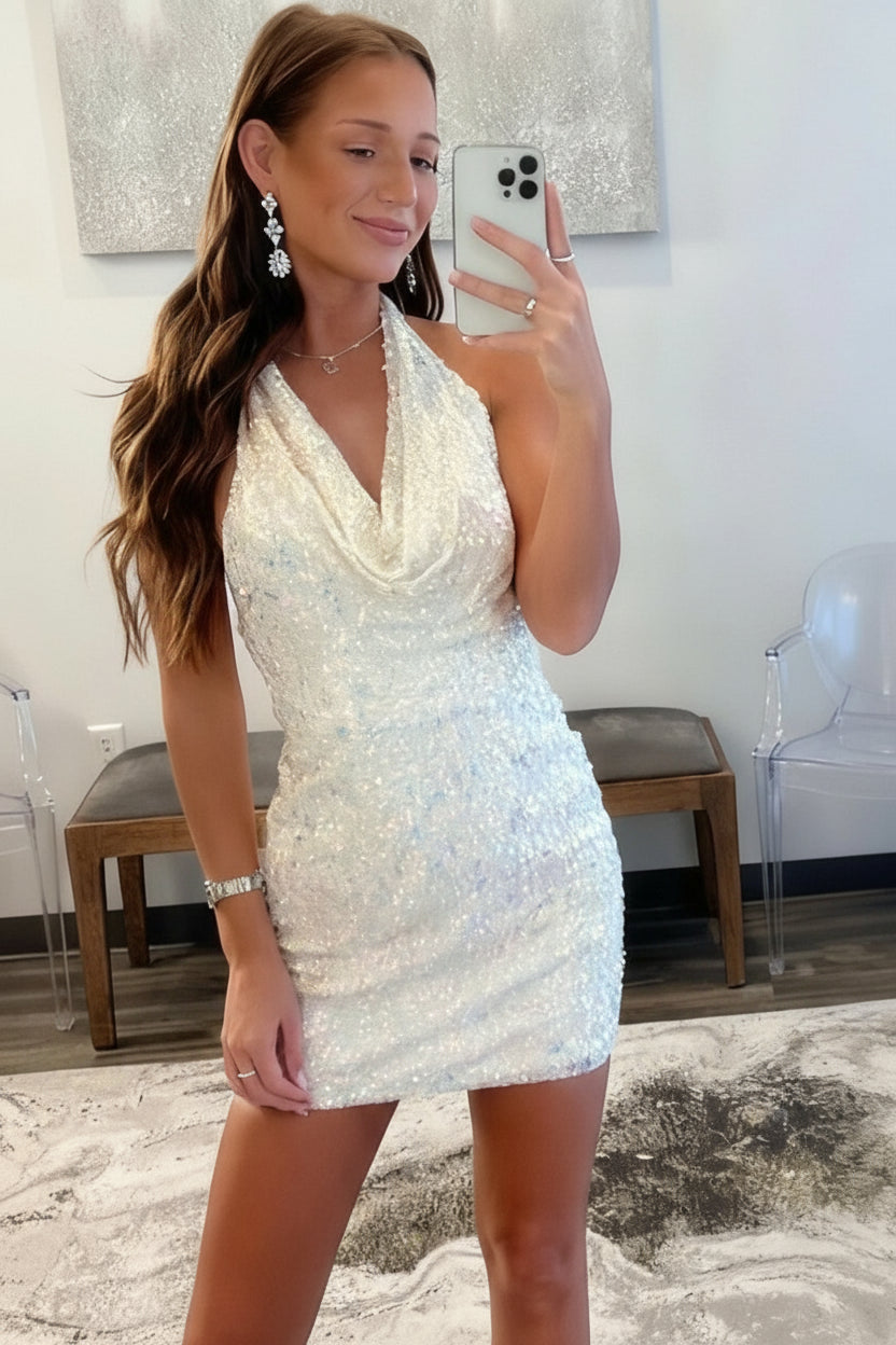 Bodycon Halter Neck Sleeveless Sequin Fuchsia Short Homecoming Dress