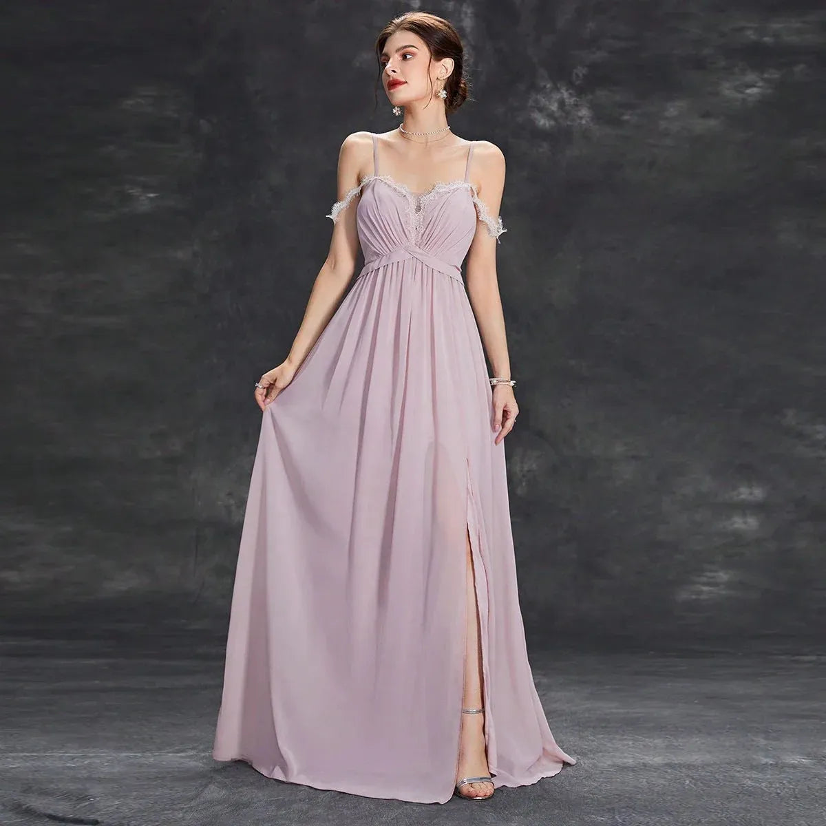 Romantic Chiffon Long Evening Dress Blush Pink Sweetheart Cold-Shoulder for Women