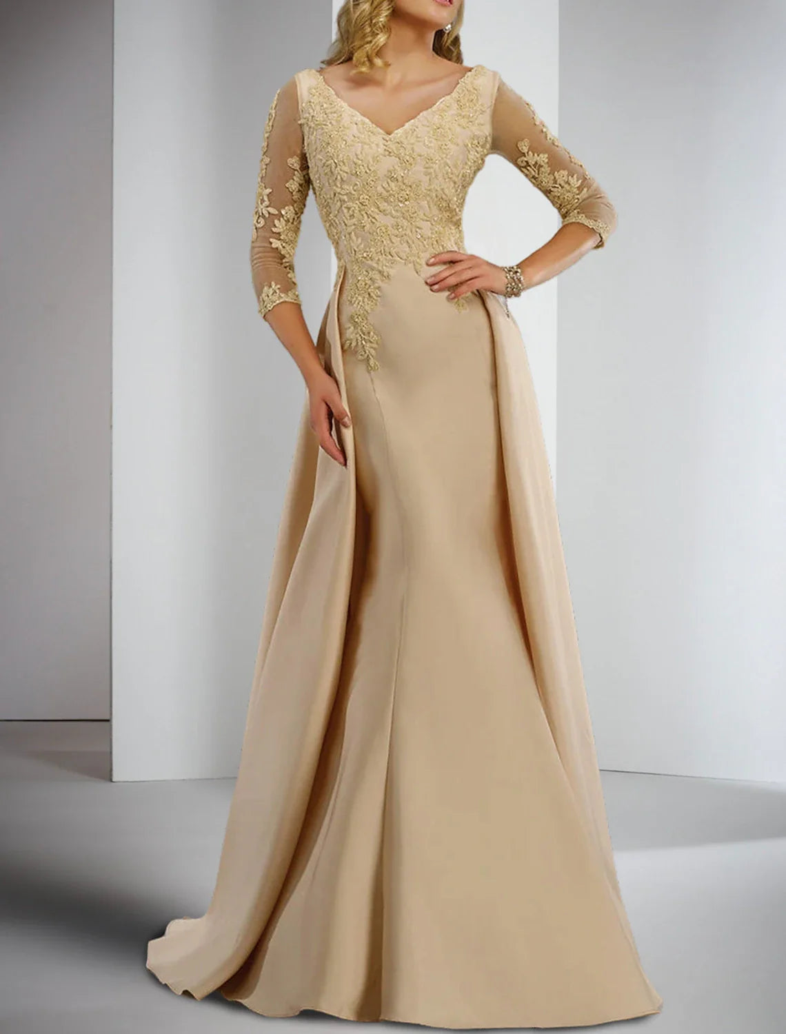Sheath / Column Mother of the Bride Dress Formal Wedding Guest Elegant V Neck Floor Length Satin Lace 3/4 Length Sleeve