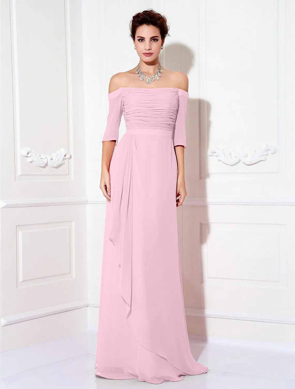 Sheath / Column Minimalist Dress Wedding Guest Sweep / Brush Train Half Sleeve Off Shoulder Chiffon with Ruched Draping