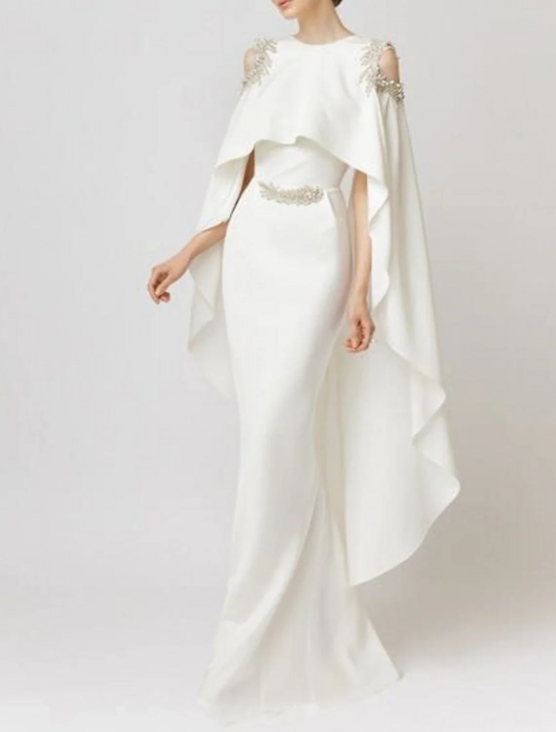 Mermaid / Trumpet Evening Gown Elegant Dress Formal Wedding Guest Floor Length Sleeveless Jewel Neck Capes Chiffon