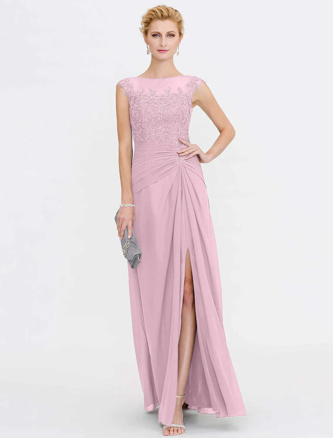A-Line Mother of the Bride Dress Elegant See Through Bateau Neck Floor Length Chiffon Lace Sleeveless with Side Draping