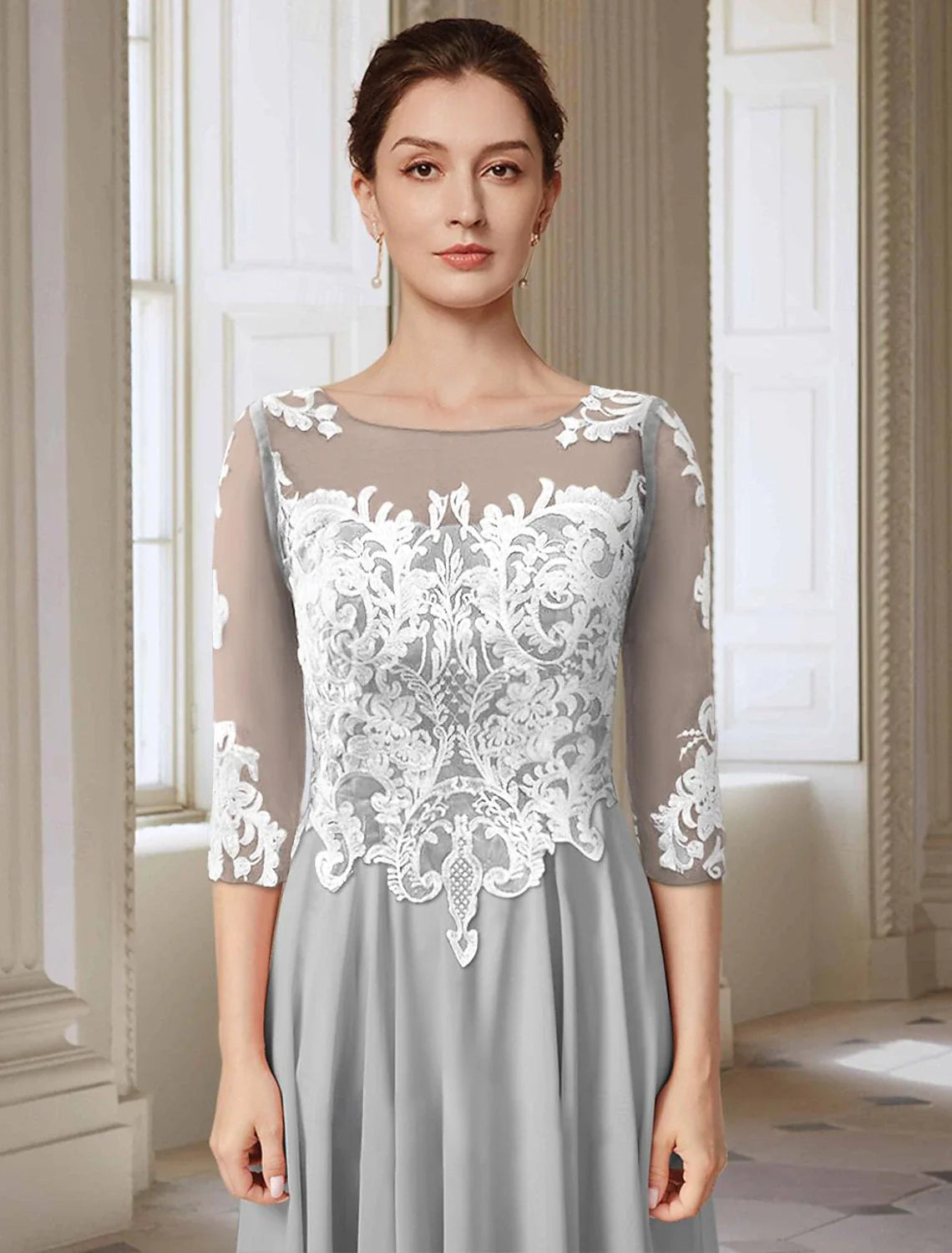 A-Line Mother of the Bride Dress Elegant Jewel Neck Asymmetrical Ankle Length Chiffon Lace 3/4 Length Sleeve