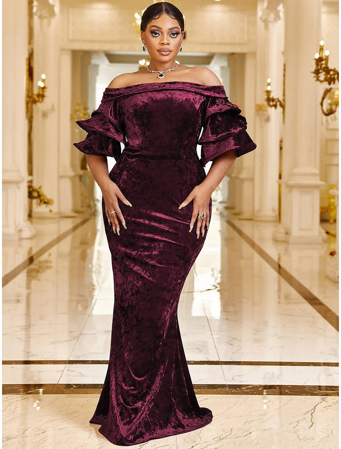 Mermaid / Trumpet Wedding Guest Dresses Plus Size Dress Cocktail Party Sweep / Brush Train Half Sleeve Off Shoulder Velvet with Ruffles
