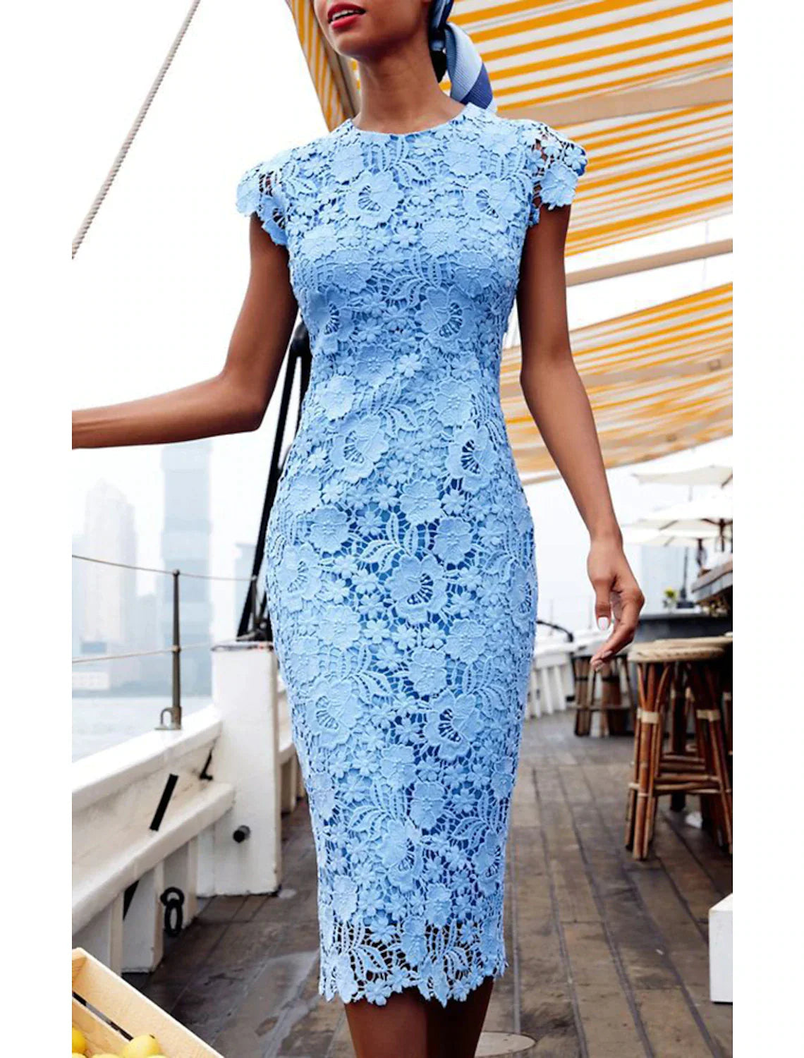 Cocktail Dresses Vintage Dress Wedding Guest Tea Length Short Sleeve Jewel Neck Lace with Lace Insert Pure Color