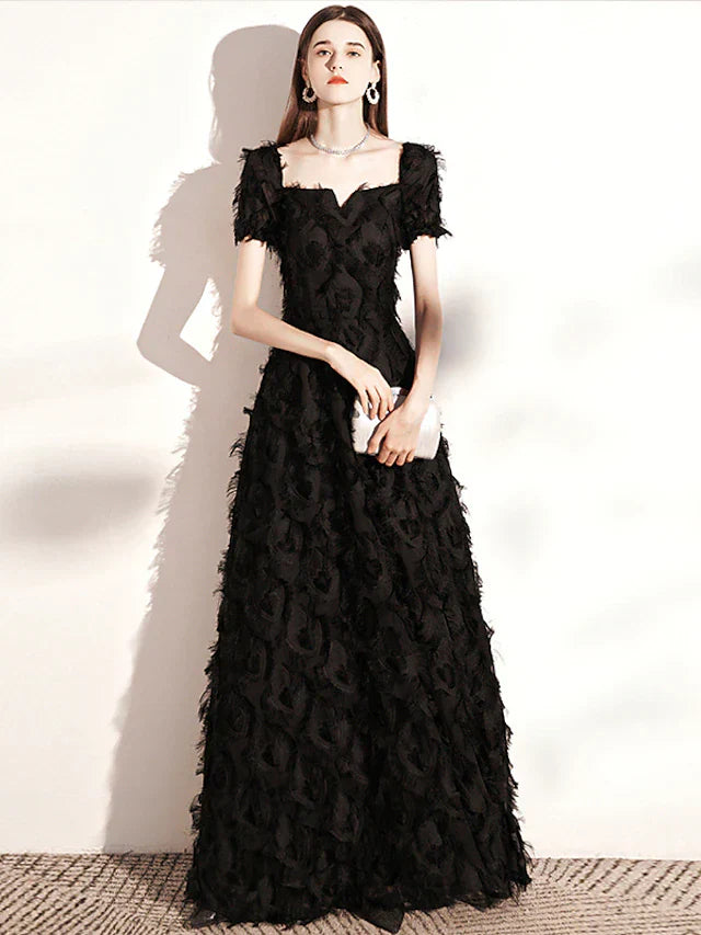 Evening Gown Minimalist Dress Wedding Guest Floor Length Short Sleeve Scoop Neck Nylon with Feather Pure Color